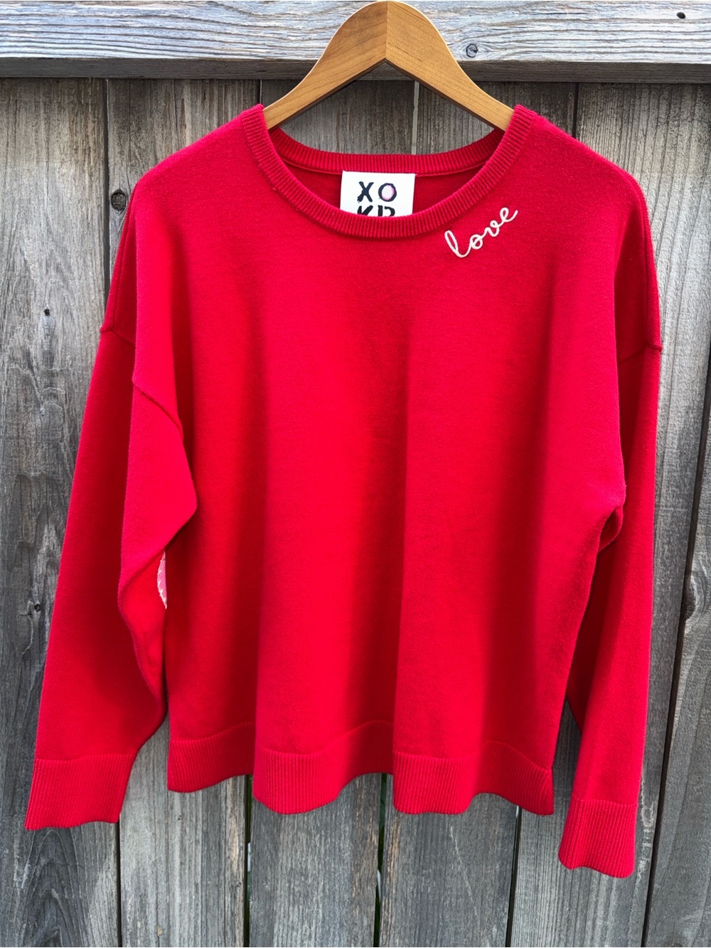 Kerri Rosenthal Red Sweater with Hearts patchwork Size Large